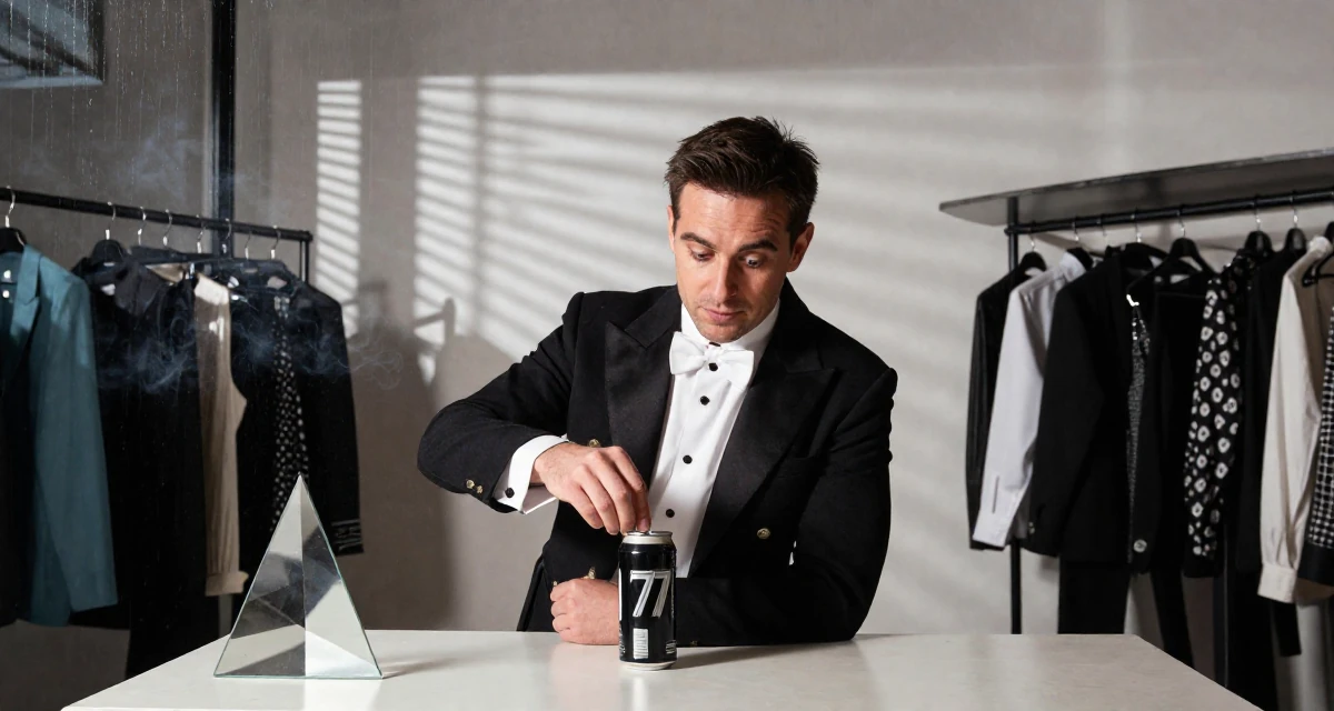 A whimsical male From Melbourne Australia, studied creative directing for social content in their 37, embracing the chaos of family life with humor, wearing a circus ringmaster outfit with a tailcoat, opening a soda can in a clothing boutique.