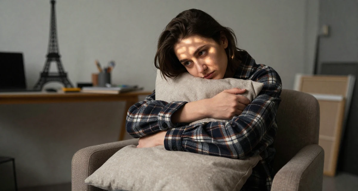 A cheeky Female From Kazakhstan, studied financial mathematics in their 24, learning to work through emotional lows, wearing a cozy oversized flannel, hugging a pillow or cushion in a messy artist studio.