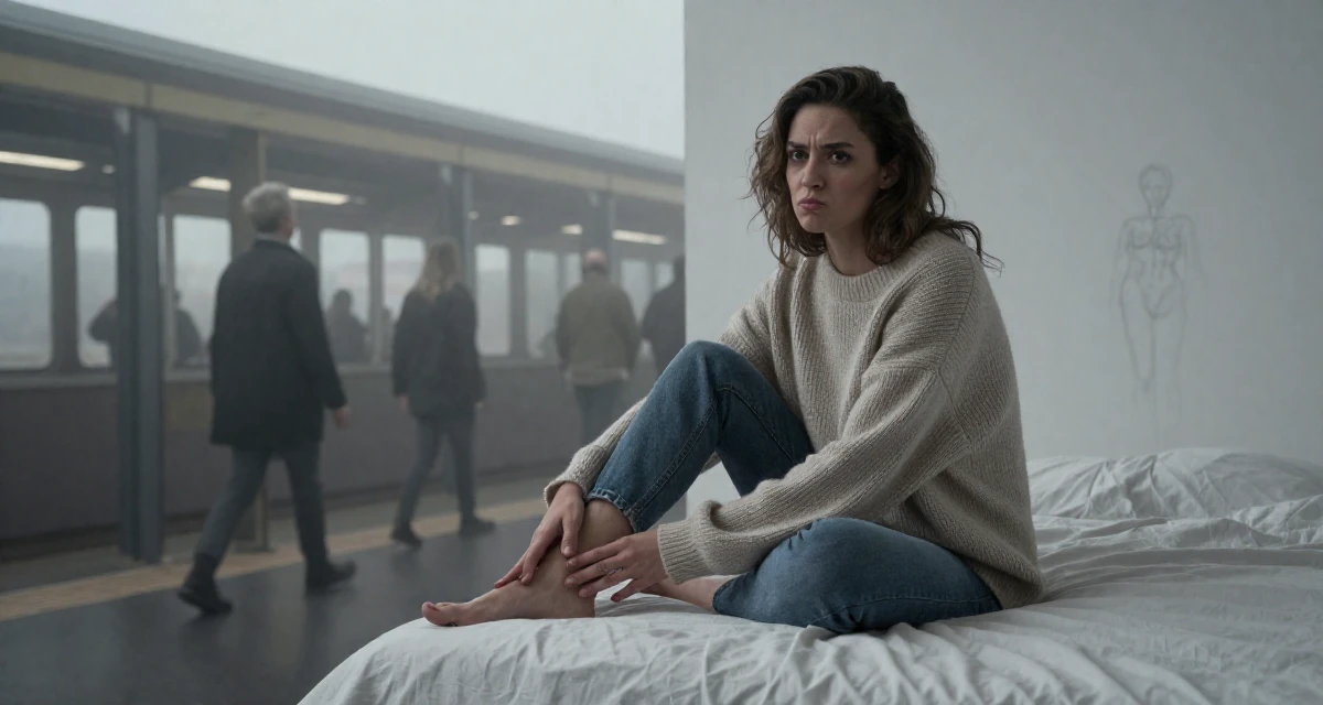 A pouting Female From Rome Italy, studied classical body aesthetics and figure drawing in their 28, feeling a renewed sense of ambition, wearing a oversized beige sweater and jeans, tapping a foot rhythmically in a photo studio.