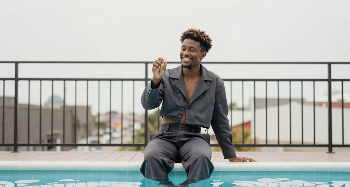A joyful male Born in South Africa, studied political communication in their 25, adapting to algorithm changes on promo platforms, wearing a cropped business jacket and high-waisted pants, picking something up in a swimming pool.