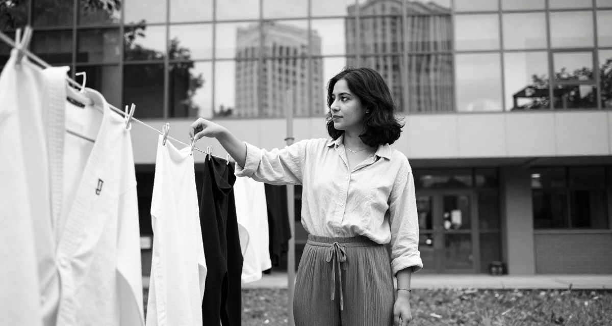 A dignified Female Once a taekwondo athlete, now a confidence-driven creator in their 34, exploring the world of digital art and NFTs, wearing a relaxed fit pleated trousers, glancing sideways in a university campus.