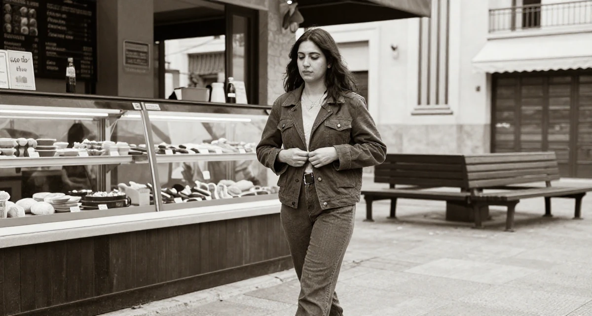 A solemn but kind Female From Israel, studied behavioral economics in their 20, experimenting with a bold new personal style, wearing a muted earth-tone clothing set, buttoning a jacket in a bakery counter.