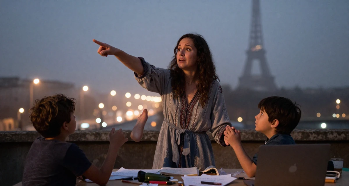 A emotionally moved Female Once a high-school English tutor, now exploring sensual storytelling in their 33, balancing two kids and a growing business, wearing a relaxed bohemian style dress, clasping hands together in a messy desk.