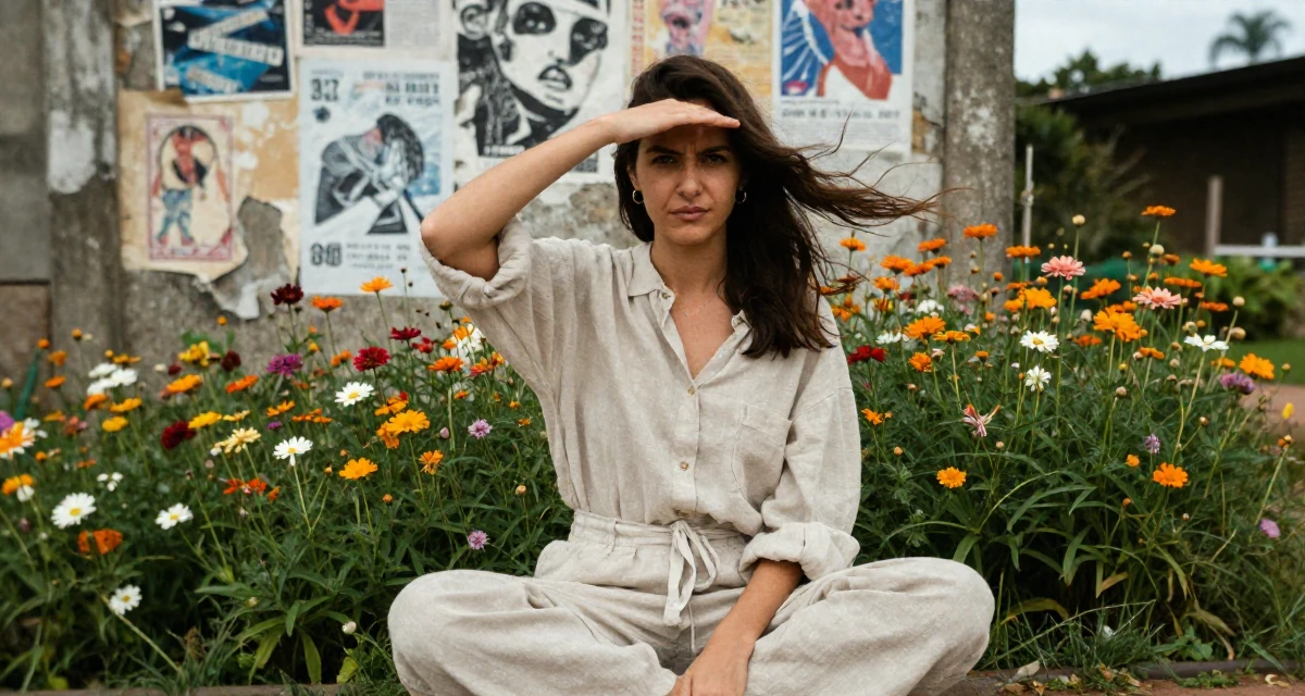 A arrogant Female Raised in Brazil, majored in multimedia arts in their 20, experimenting with a bold new personal style, wearing a loose-fitting linen trousers, shielding face from the wind in a blooming flower garden.