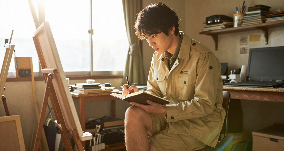 A fascinated male From Japan, based in Osaka, graduated from a local college majoring in marketing in their 24, fighting guilt when taking a single day off, wearing a safari explorer outfit with khaki shorts, writing in a journal in a messy artist studio.