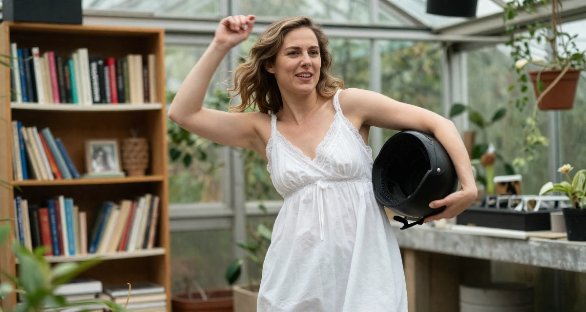 A lighthearted Female From the Netherlands, based in Utrecht, graduated from a creative academy majoring in UX design in their 30, rebuilding self-worth beyond content performance, wearing a white cotton nightgown with lace details, holding a helmet under one arm in a greenhouse interior.