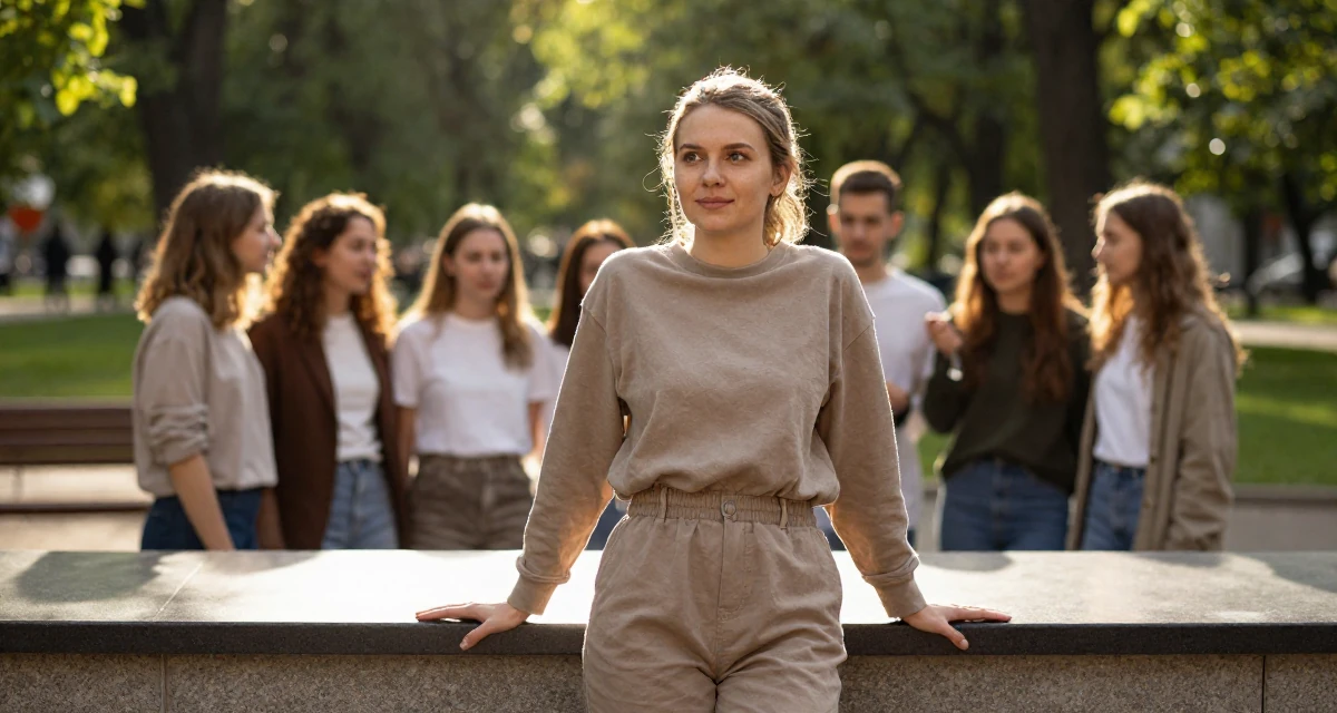 A sincere Female From Russia, majored in chemical engineering in their 21, drifting between different friend groups, wearing a muted earth-tone clothing set, glancing sideways in a park bench.