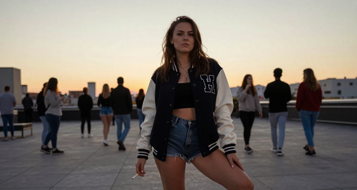 A arrogant Female Once a babysitter, now documenting grown-up self-expression in their 25, building a loyal fanbase with tasteful flirty storytelling, wearing a casual varsity jacket look, holding a cigarette (lit or unlit) in a rooftop terrace at sunset.
