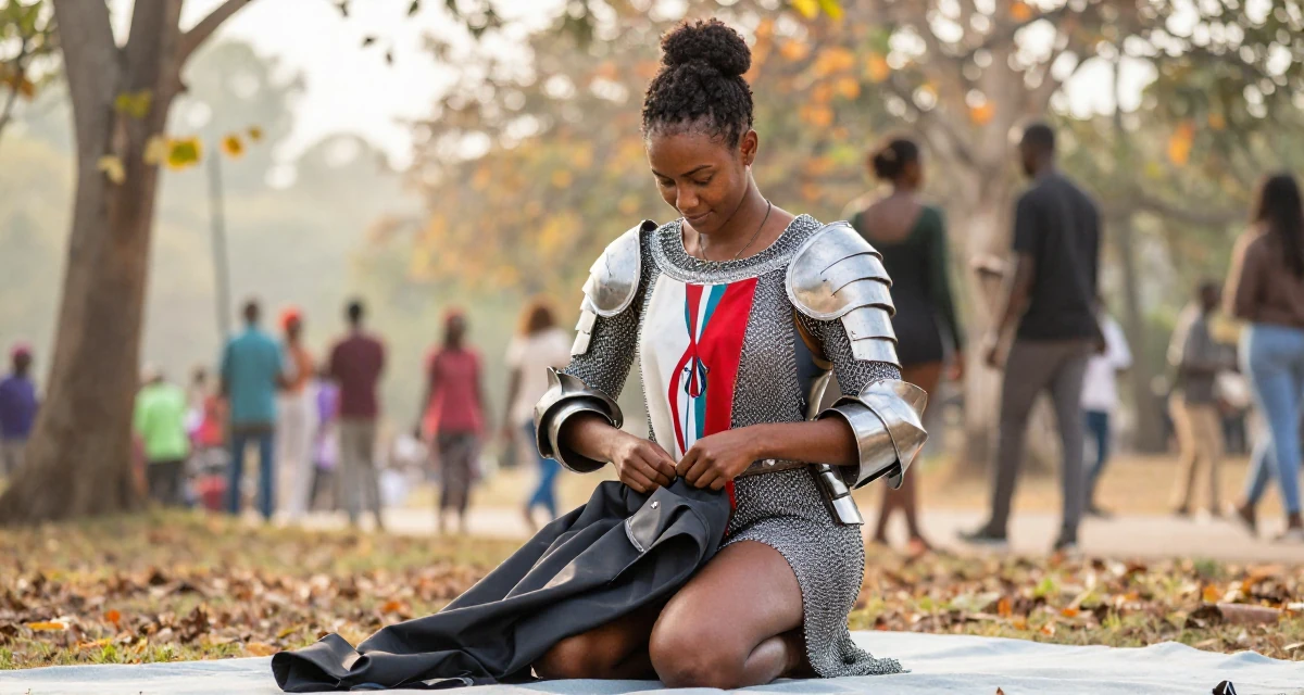 A contented Female From Mombasa Kenya, practiced swimwear aesthetics in coastal campaigns in their 33, building a supportive online community, wearing a female knight armor with a tabard and chainmail, buttoning a jacket in a autumn forest.