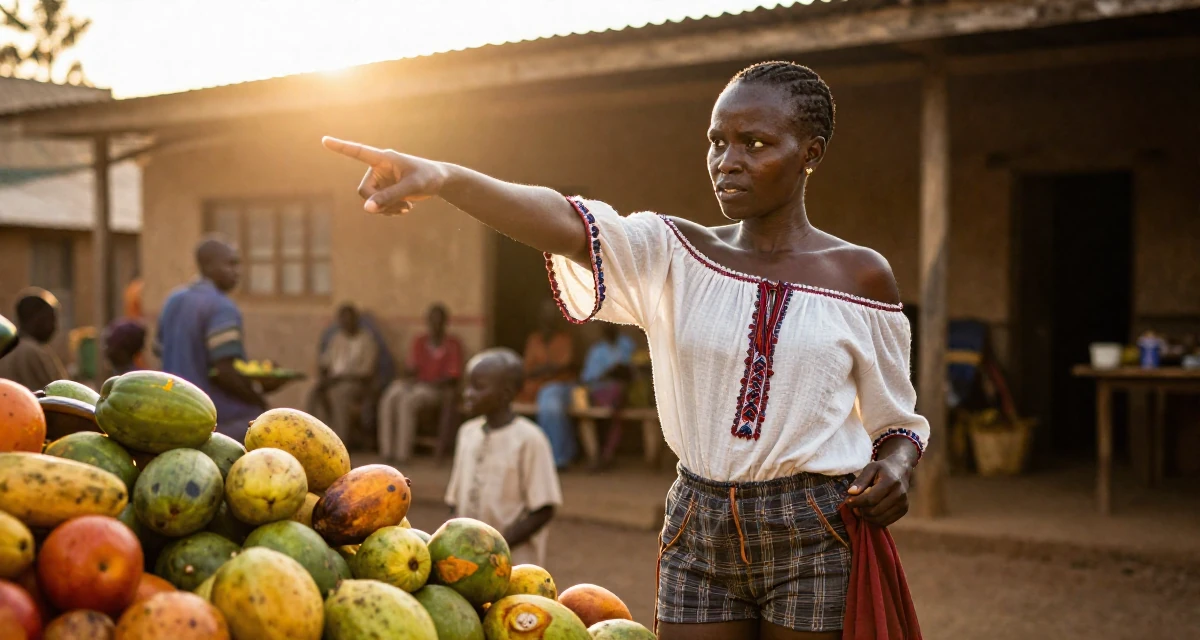 A ferocious Female From Kenya, based in Nairobi, graduated from a creative institute majoring in aesthetic communication in their 38, capturing cinematic moments of daily life, wearing a boho style off-shoulder peasant top and shorts, fixing the hem of a skirt in a waiting room.