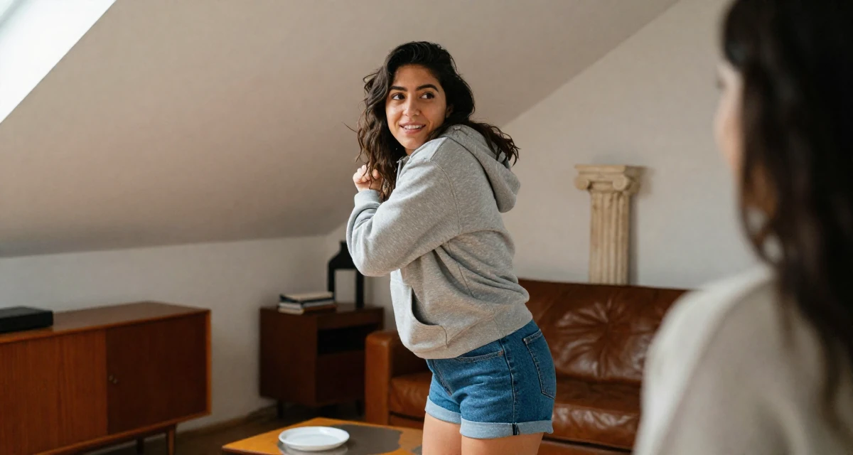A empowered Female From Chile, based in Santiago, graduated from a communication college majoring in aesthetic storytelling in their 24, observing peers’ progress and feeling comparison pressure, wearing a casual hoodie and denim shorts, smiling at a stranger in a attic room.