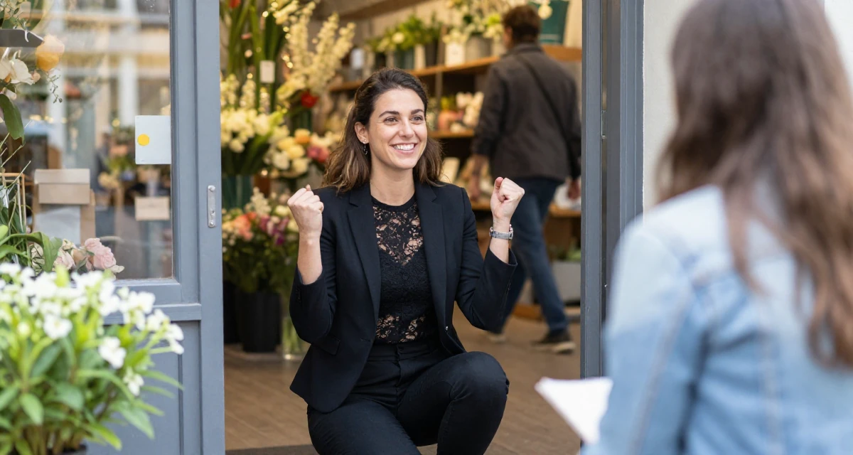 A victorious Female From Rotterdam Netherlands, majored in logistics management in their 24, navigating office politics for the first time, wearing a black lace top under a business suit, smiling at a stranger in a flower shop entrance.
