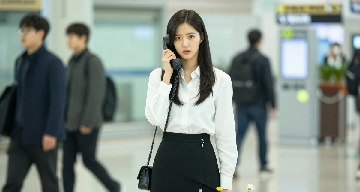 A assertive Female From South Korea, trained in broadcasting and media in their 22, learning that fans disappear as fast as they come, wearing a asymmetrical hem skirt and a crisp white shirt, holding a single flower in a airport terminal.
