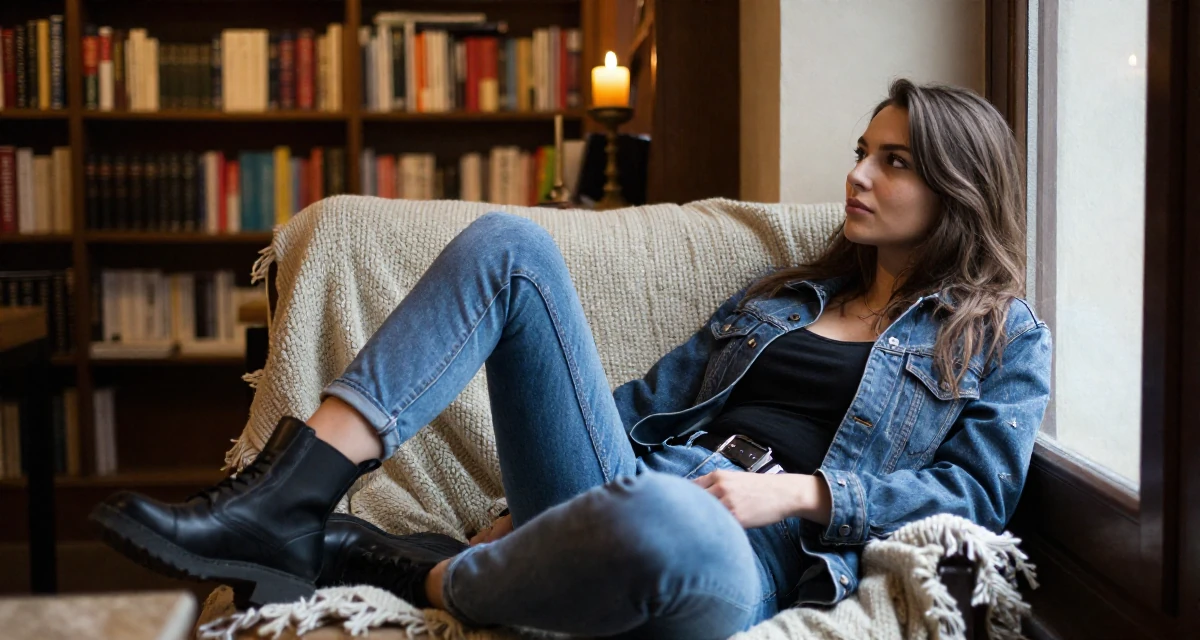 A lazy Female From Serbia, based in Niš, graduated from a media program majoring in intimate persona development in their 21, glowing with the thrill of legal drinking age, wearing a edgy street style with boots, looking out the window in a vintage bookstore.
