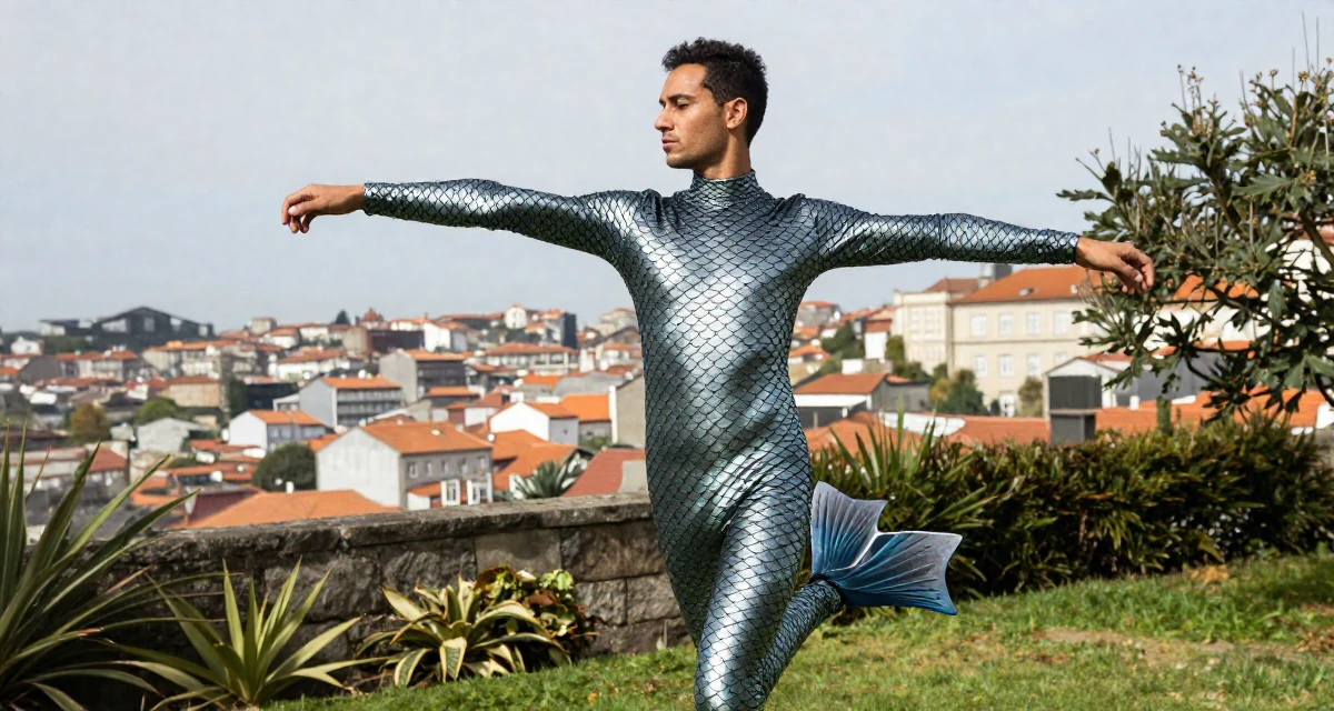 A solemn male From Portugal, based in Porto, graduated from a polytechnic majoring in visual media in their 25, forming independent opinions and values, wearing a mermaid scale texture bodysuit with fin details, stretching arms in a backyard garden.
