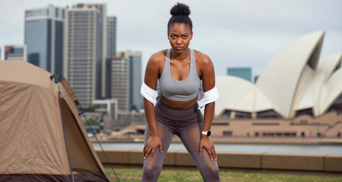 A teasing Female From Nigeria, studied biomedical science in their 25, experimenting with playful photos that boost confidence, wearing a sheer paneled leggings and a sports crop top, rolling up sleeves in a camping site.