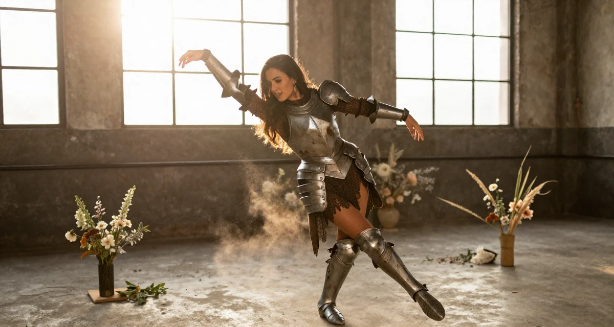 A harmonious Female From Mexico City Mexico, learned expressive movement through Latin dance in their 27, experimenting with new content formats, wearing a battle-damaged armor showing skin underneath, kicking up dust playfully in a industrial loft.