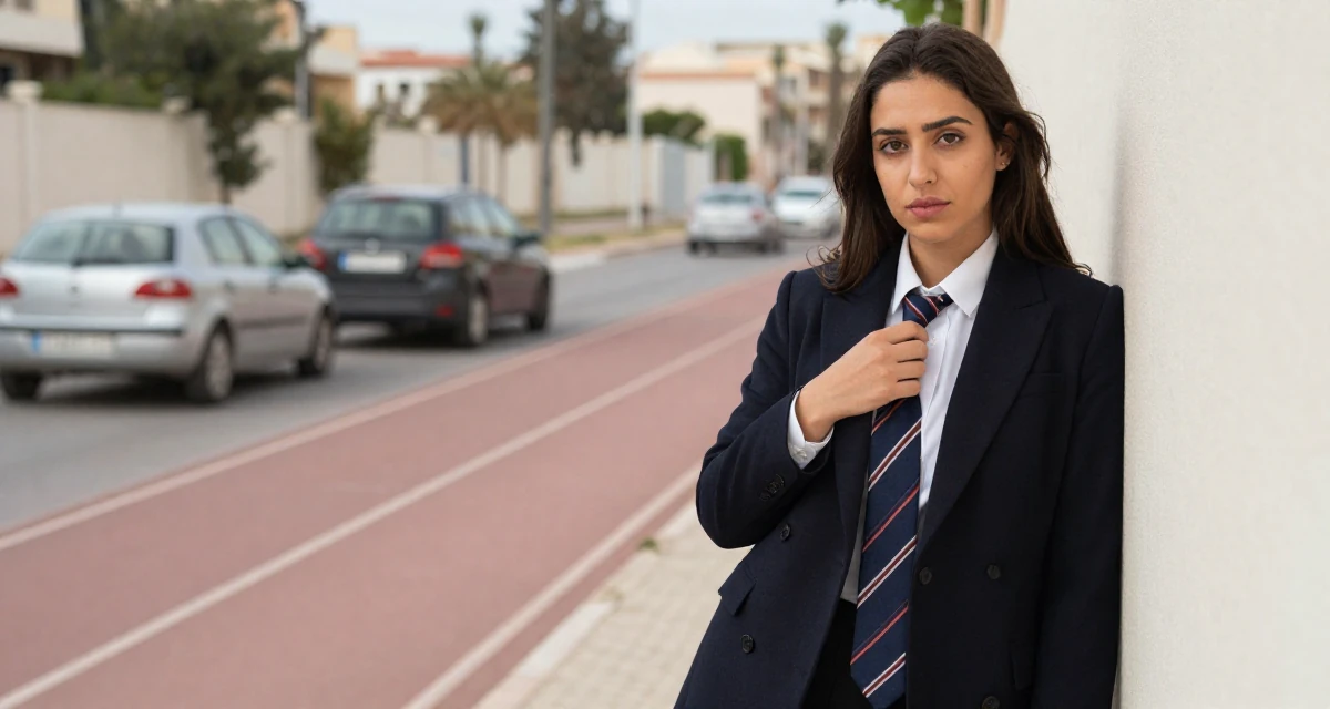 A confident and poised Female From Tunisia, majored in data science in their 22, dealing with loneliness because creator life is misunderstood, wearing a dark academia inspired outfit, playing with a tie in a running track.