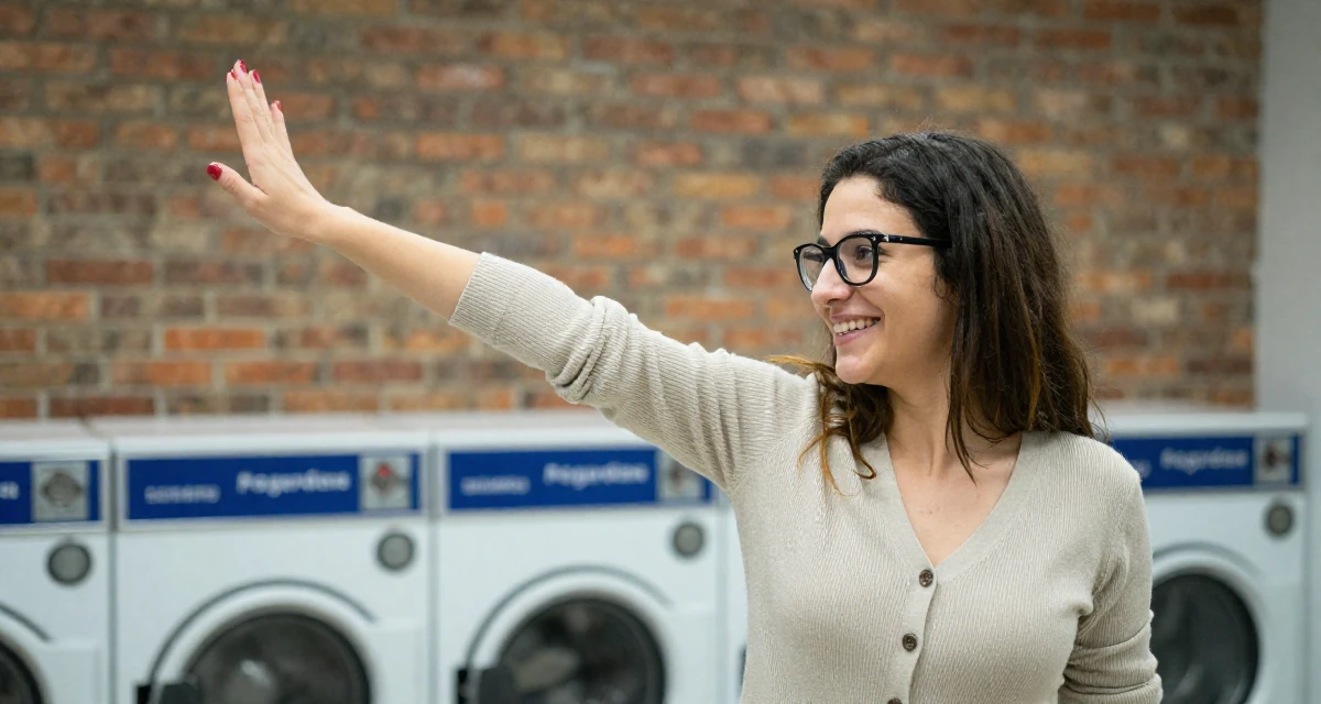 A joyful Female From Armenia, studied sociology in their 23, managing early burnout from overcommitment, wearing a librarian outfit with glasses and a tight cardigan, brushing off dust in a laundromat.