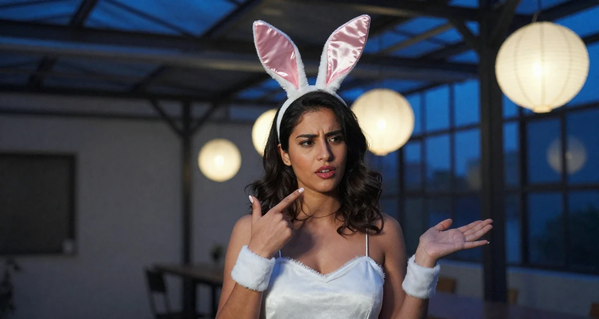 A arrogant Female Raised in Bangladesh, studied consumer insights in their 29, preparing for the transition into the 30s, wearing a playful bunny girl costume with satin ears and cuffs, gesturing while talking in a industrial loft.