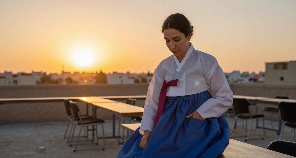 A grounded Female From Tunisia, majored in data science in their 22, joining creator communities for tips and support, wearing a traditional hanbok modified for a modern look, sliding a hand into a pocket in a conference room.