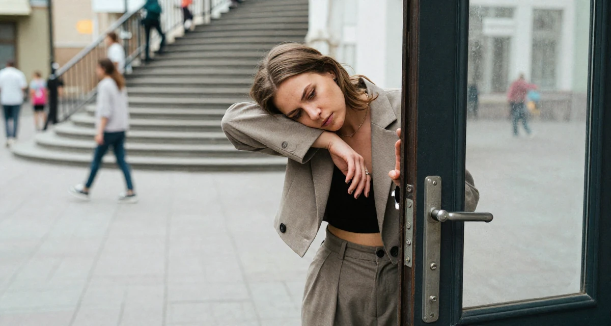 A solemn but kind Female From Moscow Russia, majored in linguistics in their 25, hiding early creator work from family and classmates, wearing a cropped blazer and high-waisted trousers set, pushing a door open in a pedestrian plaza.