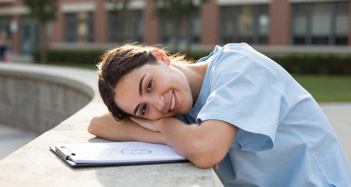 A cheerful Female Once a swim camp counselor, now leaning into beach-centered creator storytelling in their 23, realizing early burnout is real but pushing anyway, wearing a hospital patient gown tailored to be form-fitting, sketching on a pad in a university campus.