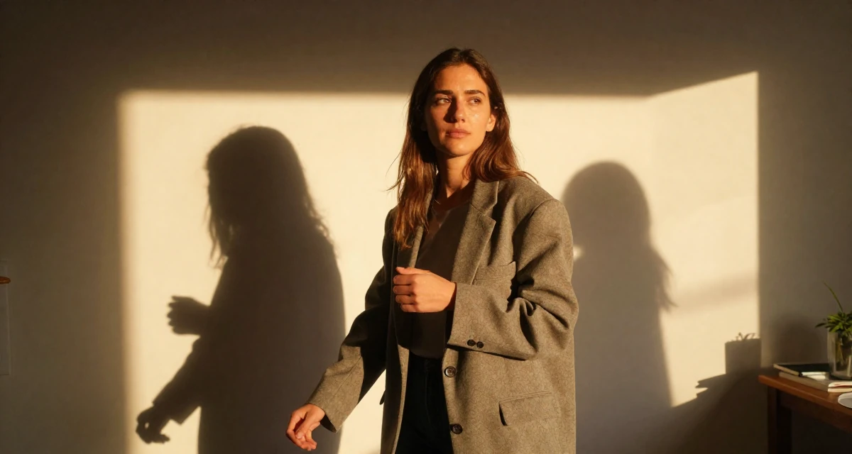 A unbothered Female From Belgium, majored in political science in their 25, shaping long-term career direction, wearing a oversized blazer draped over the shoulders, clasping hands together in a home interior.