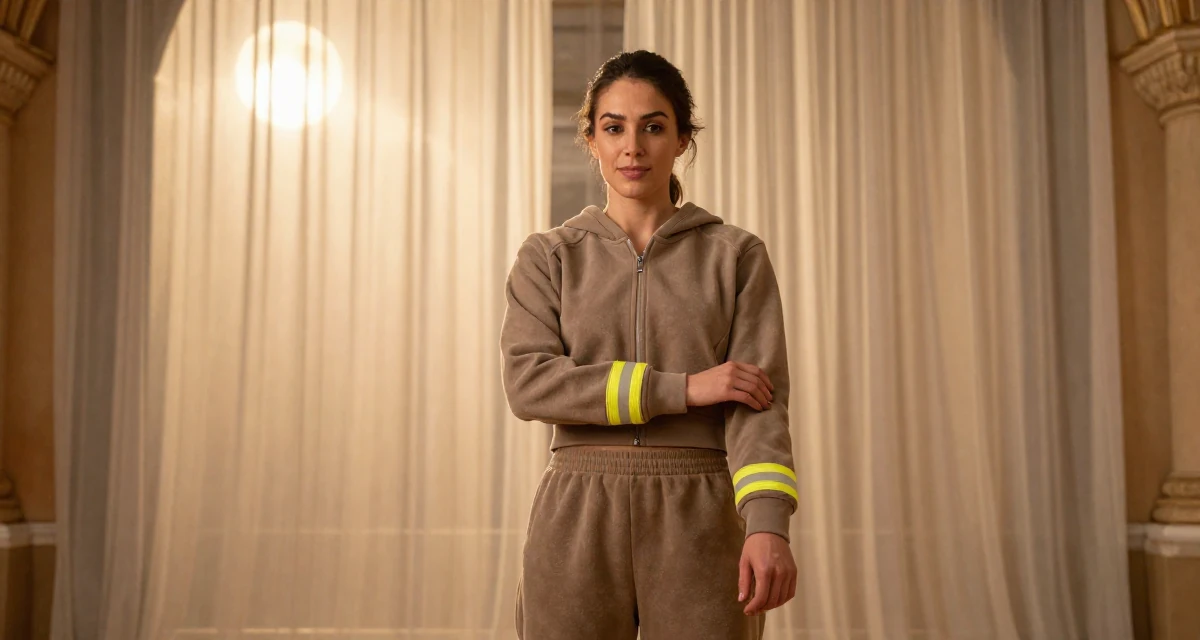 A sympathetic Female Former firefighter trainee, now producing strength-based content in their 47, sharing tips on managing a multigenerational home, wearing a velour tracksuit with a cropped zip-up hoodie, adjusting sleeves in a photo studio.