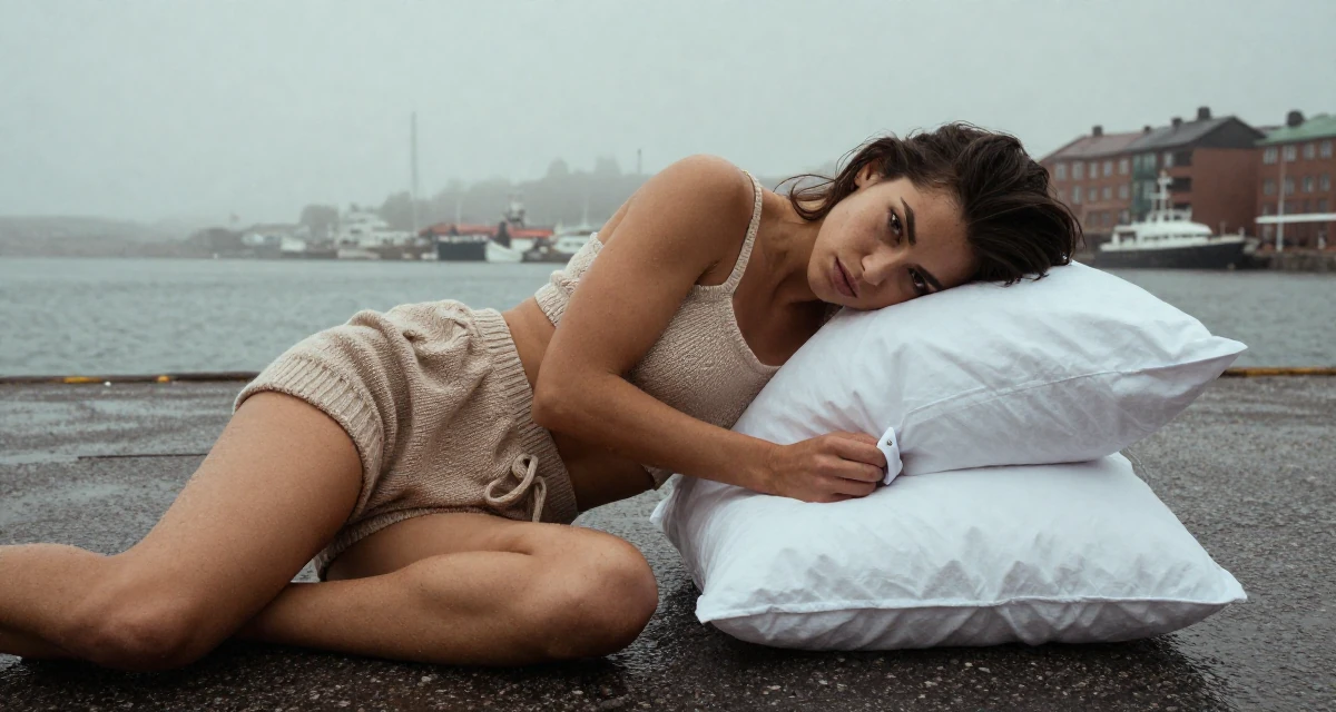 A enigmatic Female From Tampere Finland, learned intimate storytelling through slow-mode videography in their 22, developing a bold persona that feels authentically “me”, wearing a knitted loungewear shorts and a matching tiny top, fixing a cufflink in a foggy harbor.