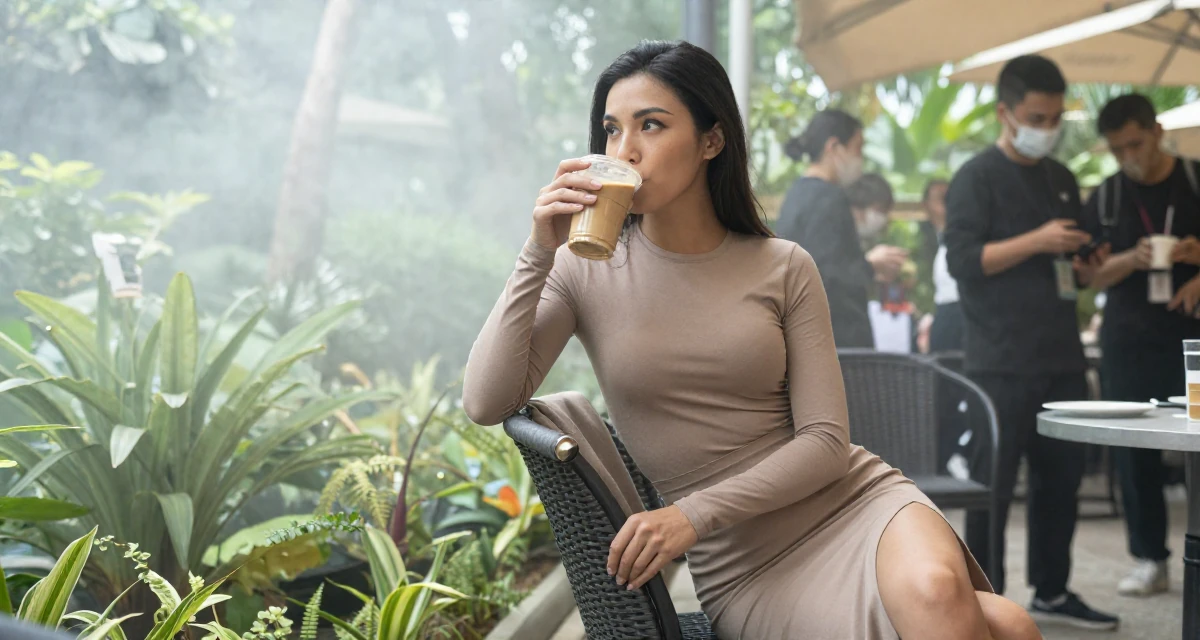 A poised Female From Macau, learned performance makeup from casino backstage crews in their 25, thinking about quitting but too deep to walk away, wearing a tight long-sleeve bodysuit and a slit midi skirt, sipping a latte in a botanical garden.
