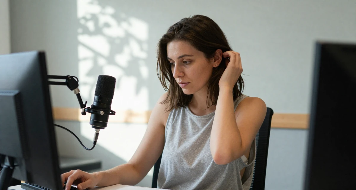 A engrossed Female From Sofia Bulgaria, studied alternative creative media in their 30, knowing the hustle is hard but quitting feels worse, wearing a loose tank top with deep side cuts, tucking hair behind an ear in a radio station.