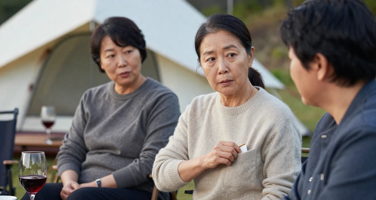 A alert and attentive Female From Busan South Korea, trained at a private dance academy in their 40, navigating the balance of career and aging parents, wearing a soft cashmere sweater worn with nothing visible underneath, looking for something in a pocket in a camping site.