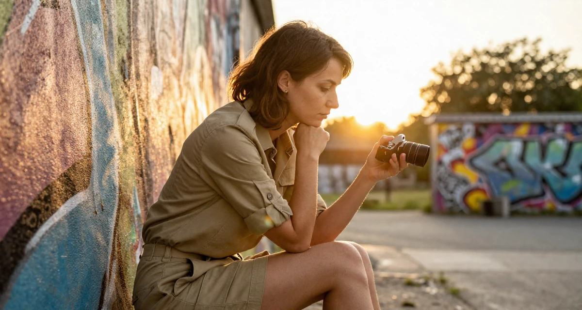 A thoughtfully silent Female From Germany, majored in mechanical engineering in their 25, embracing solitude and self-discovery, wearing a safari explorer outfit with khaki shorts, inspecting an object in a graffiti art wall.