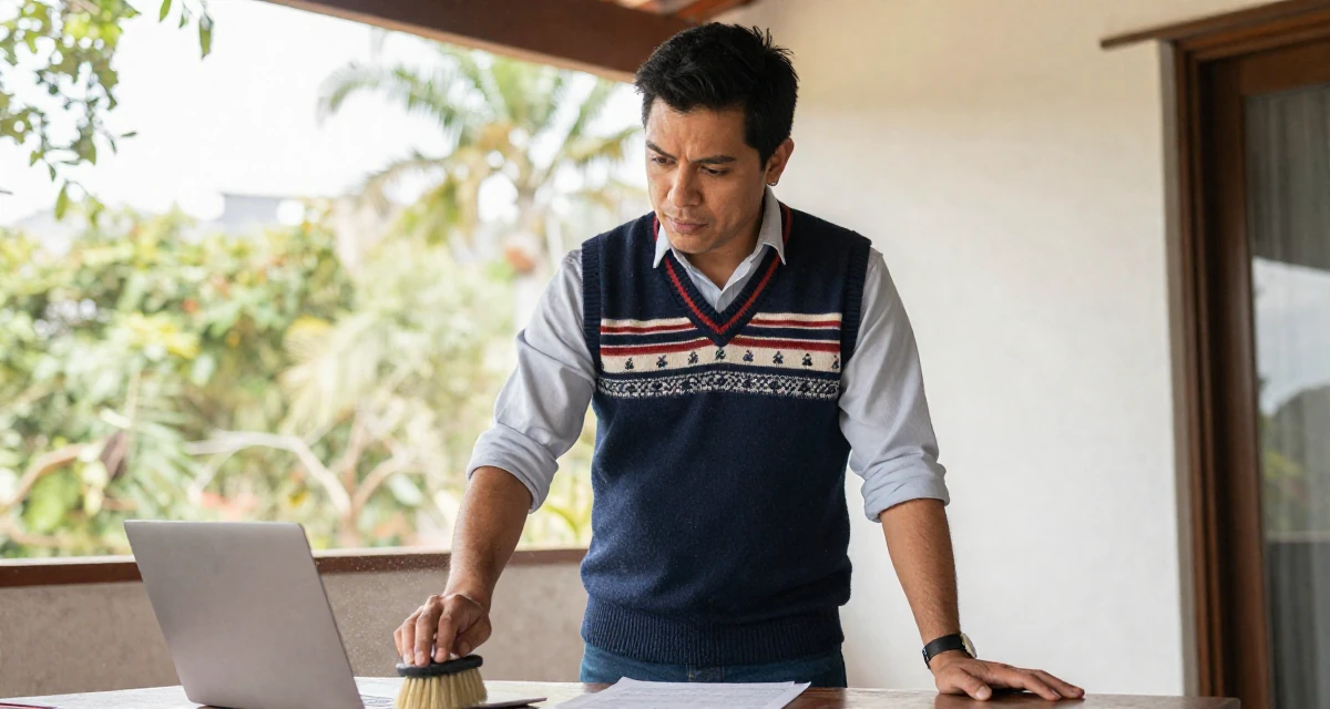 A bold and charismatic male From Mexico, majored in law in their 25, realizing no one teaches emotional labor in creator work, wearing a preppy sweater vest combo, brushing off dust in a sunny patio.