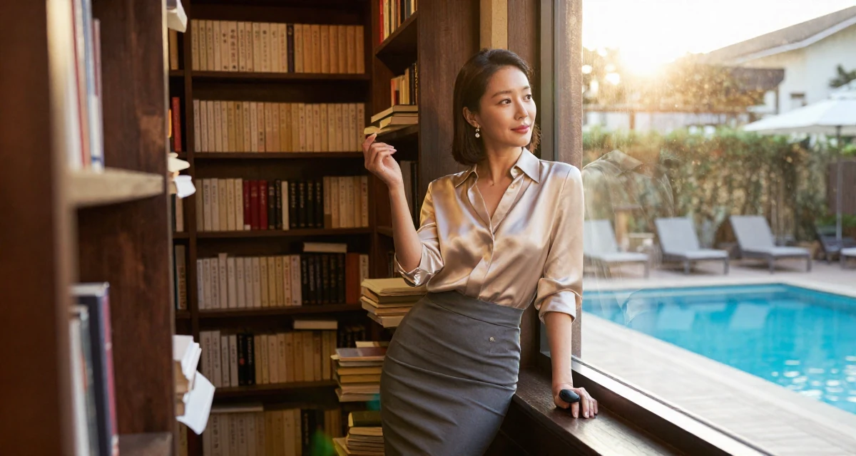 A composed Female From Seoul South Korea, studied K-style beauty and content editing in their 35, teaching financial literacy to other women, wearing a tight pencil skirt and a tucked-in silk blouse, checking a reflection in a window in a vintage bookstore.