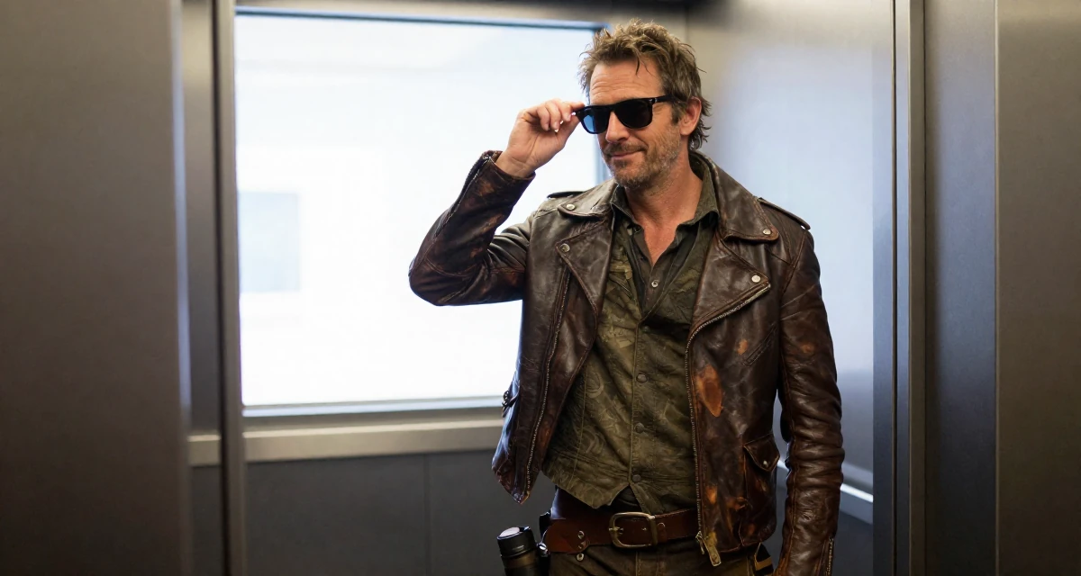 A quietly content male Once a junior photographer, now the subject of her own shoots in their 50, established authority in a niche industry, wearing a post-apocalyptic scavenger outfit with distressed leather, putting on sunglasses in a corporate elevator.