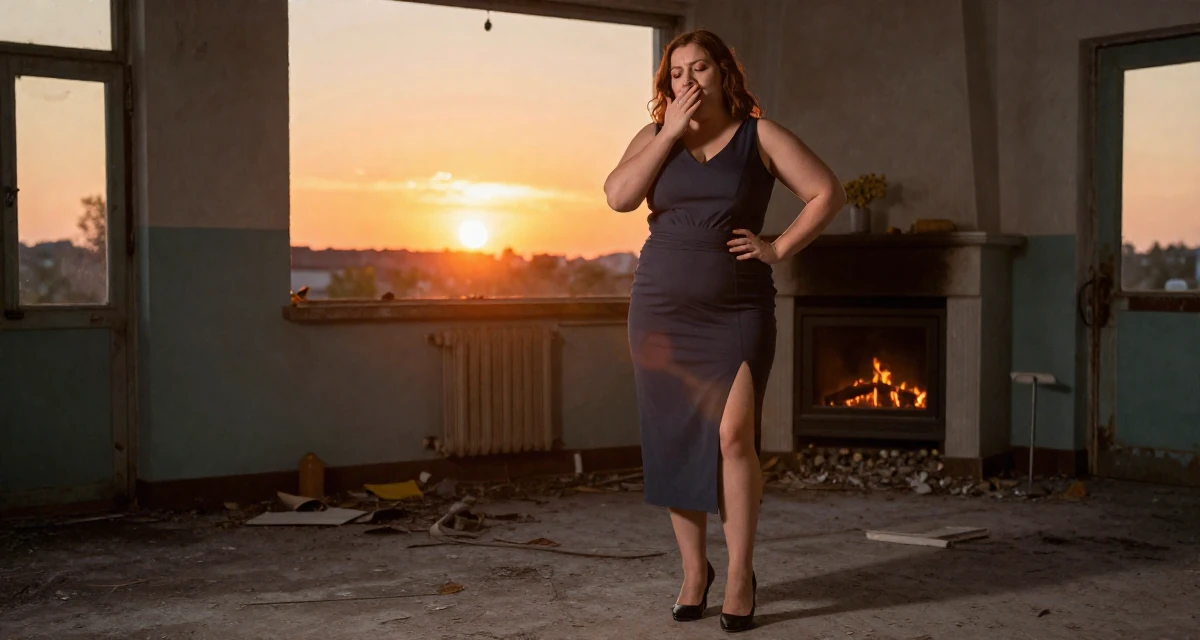 A wistful Female Once a logistics coordinator, now creating body-positivity material in their 22, embracing bold concepts while respecting boundaries, wearing a elegant midi skirt with a high slit and heels, stifling a yawn in a abandoned hospital.