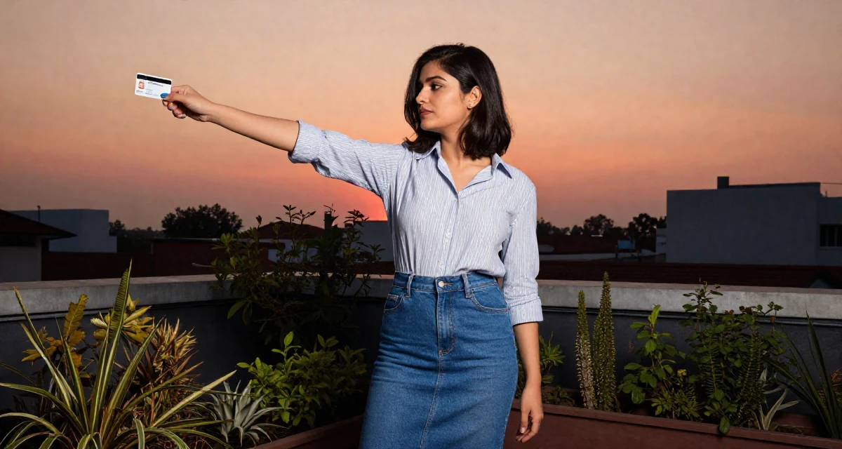 A mellow Female Born in Nepal, studied urban planning in their 25, evaluating long-term career opportunities, wearing a striped button-down shirt tucked into a denim pencil skirt, holding a subway card in a rooftop garden.