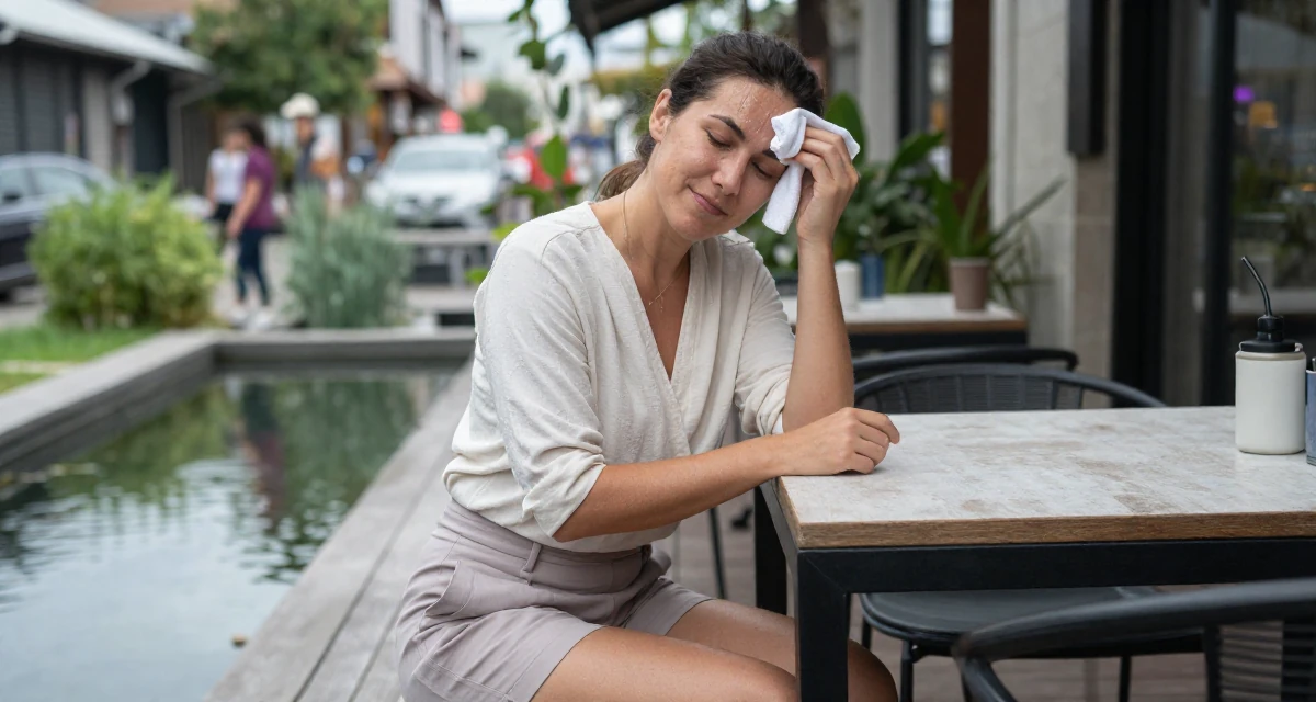 A witty Female Former nurse in her late 20s, now building a wellness-focused creator brand in their 45, sharing the beauty of a quiet rural life, wearing a wrap-front blouse and tailored shorts, wiping sweat from the brow in a yoga studio.