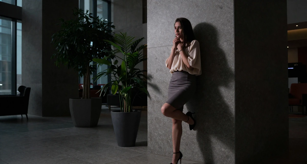 A emotional Female From Kazakhstan, based in Almaty, graduated from a state university majoring in journalism in their 25, becoming more selective with fan interactions, wearing a tight pencil skirt and a loose chiffon top, dangling a shoe from one foot in a modern skyscraper lobby.