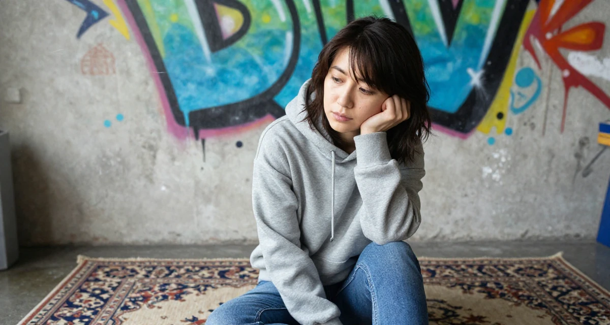 A melancholic yet beautiful Female From Japan, studied nutrition and food science in their 32, exploring sustainable fashion and ethical living, wearing a classic grey hoodie and jeans, tucking hair behind an ear in a graffiti art wall.
