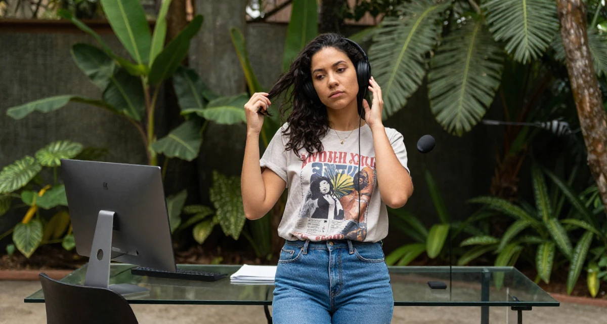 A wistful Female From Brazil, studied fashion merchandising in their 25, standing tall with newfound self-assurance, wearing a laid-back graphic tee and jeans, adjusting headphones in a botanical garden.
