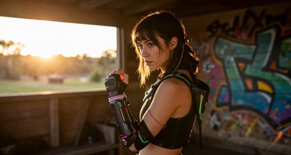 A melancholic yet beautiful Female From Melbourne Australia, studied photography and imaging in their 25, forming independent opinions and values, wearing a cyberpunk street samurai gear with neon accents, cracking knuckles in a rustic wooden cabin interior.
