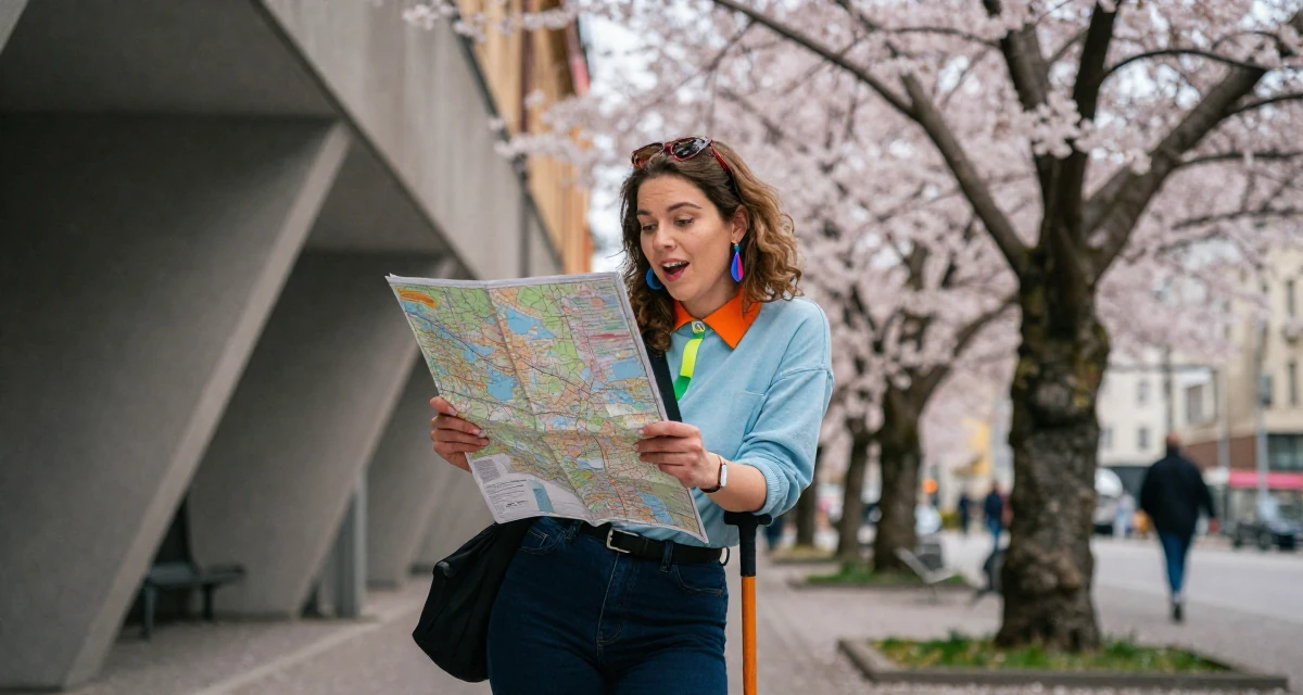 A playful and energetic Female From Stockholm Sweden, holds a degree in product design in their 39, recently moved to a new city, wearing a pop of color accessory look, looking at a map in a waiting room.