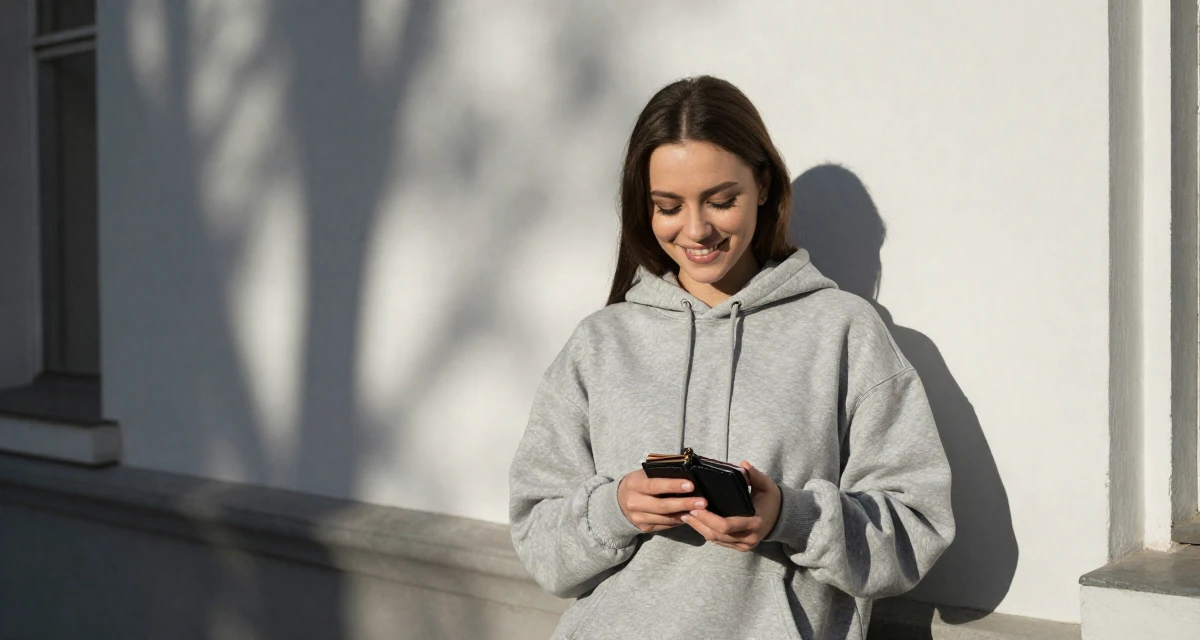 A hopeful Female Born in Ukraine, majored in creative communication in their 21, hiding insecurity behind a perfect makeup look, wearing a trendy oversized hoodie, checking a wallet in a university campus.