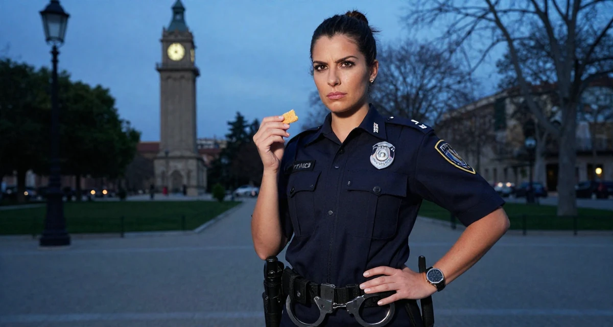 A assertive Female From Spain, majored in journalism in their 27, learning that passion doesn’t protect you from stress, wearing a police officer uniform with a badge and handcuffs, holding a snack in a quiet park.