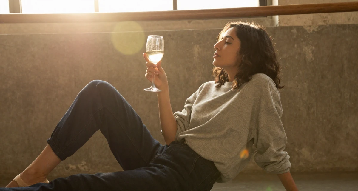 A soulful Female Grew up in Saudi Arabia, studied visual merchandising in their 23, pretending everything is fine while barely covering bills, wearing a relaxed streetwear, holding a wine glass by the stem in a ballet studio.