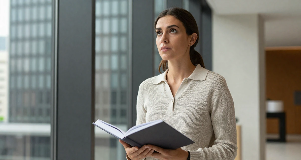 A ambitious Female From Lyon France, studied fashion marketing in their 25, thinking about quitting but too deep to walk away, wearing a smart knit polo, opening a book in a modern skyscraper lobby.