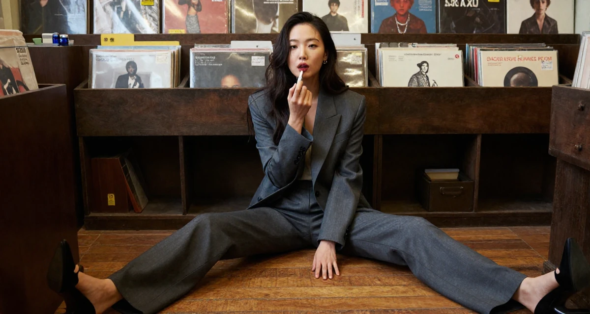 A enigmatic Female From South Korea, studied textile design and fashion in their 24, managing emotional ups and downs from online criticism, wearing a sleek modern tailored look, applying lipstick in a vintage record store.
